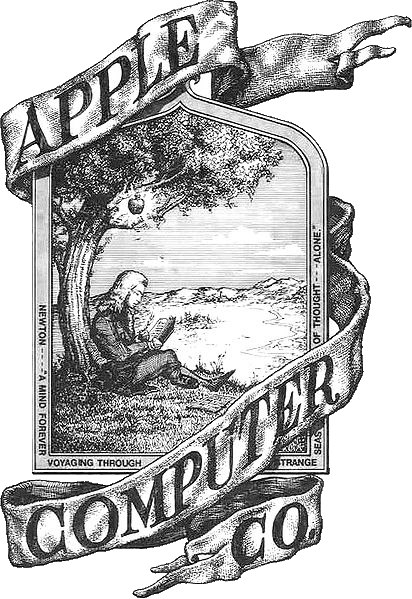 Original Apple emblem depicting Isaac Newton beneath an apple tree