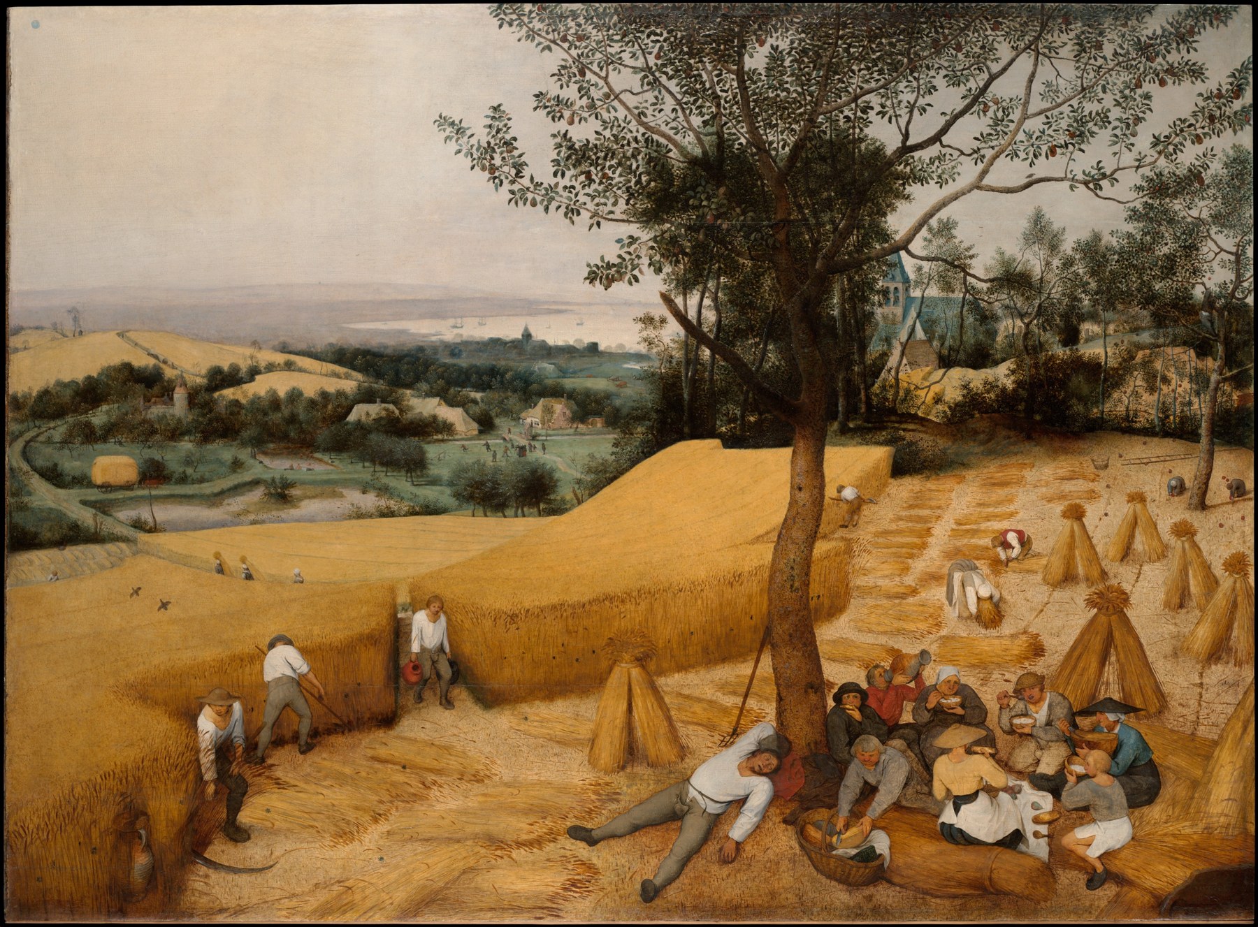 Pieter Bruegel the Elder’s painting of people harvesting grain and sharing a meal in a broad rural landscape